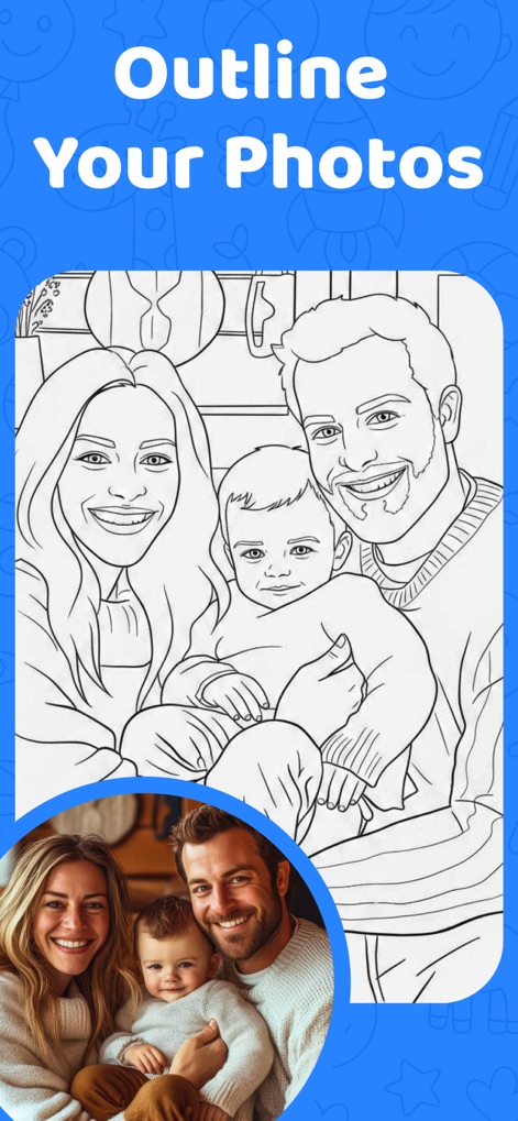Sketchfy: Coloring Book Maker - Dieser Screenshot demonstriert, wie die App persönliche Familienfotos, wie das abgebildete Paar mit Kind, in detaillierte Ausmalbilder verwandelt und den Originalzustand mit dem Endergebnis vergleicht.
