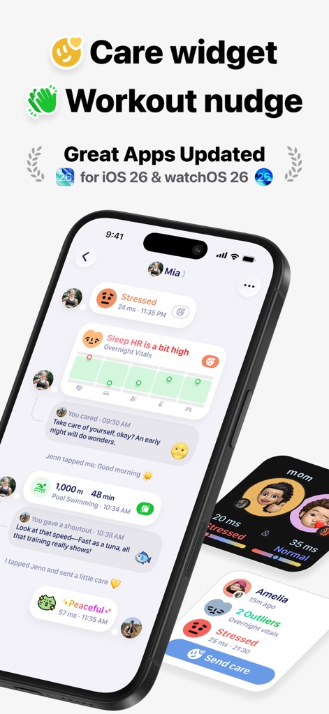 GrowPal: Health & Fitness - The app provides proactive care widgets for timely notifications such as 'Stressed' alerts, allowing users to instantly 'Send care' messages to friends.
