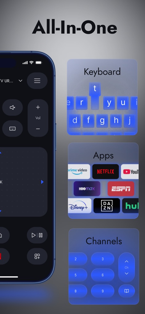 Universal TV Remote Control . - This screenshot reveals comprehensive features, including a smart Keyboard for easy text input and quick access to favorite streaming Apps.