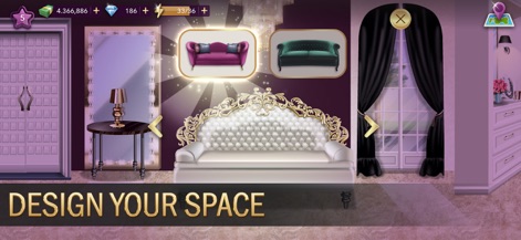 Hollywood Story®: Fashion Star - Players can design luxurious living spaces, choosing from elegant furniture like the ornate white sofa and selecting from a variety of decor options displayed in the selection UI.