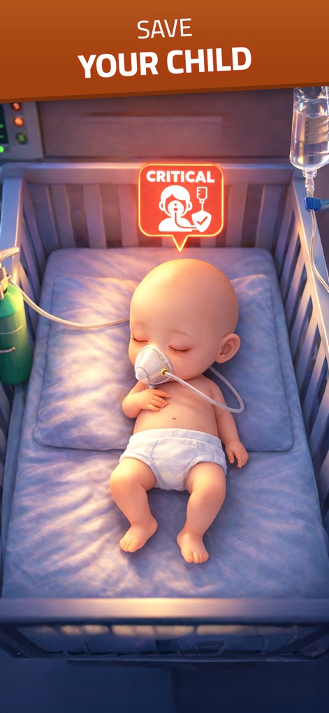 Pawn to Don Mafia Crime Story - This image starkly portrays the desperate situation, highlighting the critically ill infant and the urgent medical alert icon.