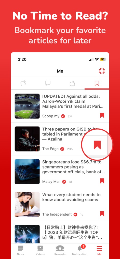 Newswav - Latest Malaysia News - Users can conveniently manage their saved content within the "Me" section, utilizing the distinct red bookmark icon to mark articles for later reading.