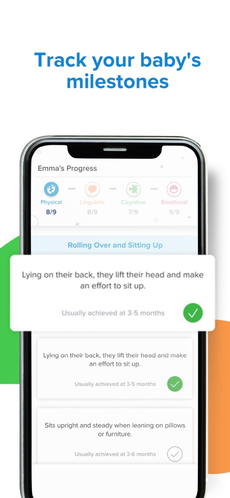 Kinedu: Baby Development - This tool allows tracking "Emma's Progress" through developmental areas like Physical and Linguistic, displaying specific milestones with completion checkmarks.