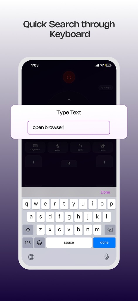 ONN TV Remote - This tool provides a full virtual keyboard for effortless text entry and search queries, demonstrating how users can quickly type commands like 'open browser' or utilize the integrated microphone for voice input.