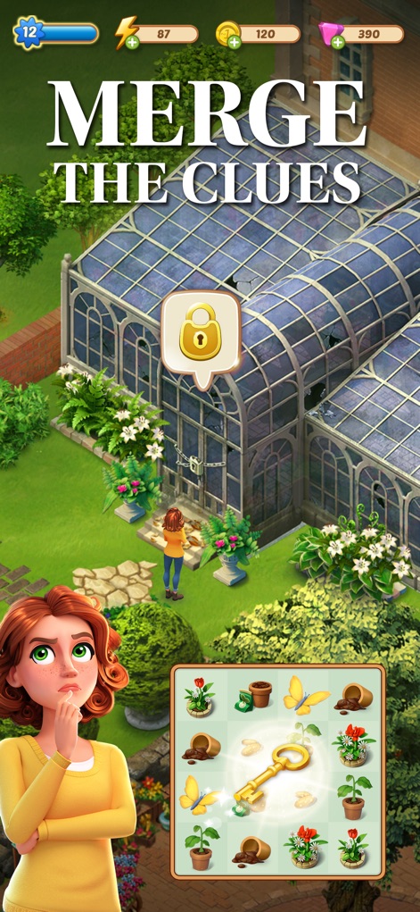 Merge Mansion: Puzzles & Story - Observe how users interact with the intuitive merge board, combining items to unlock new areas like the dilapidated greenhouse.