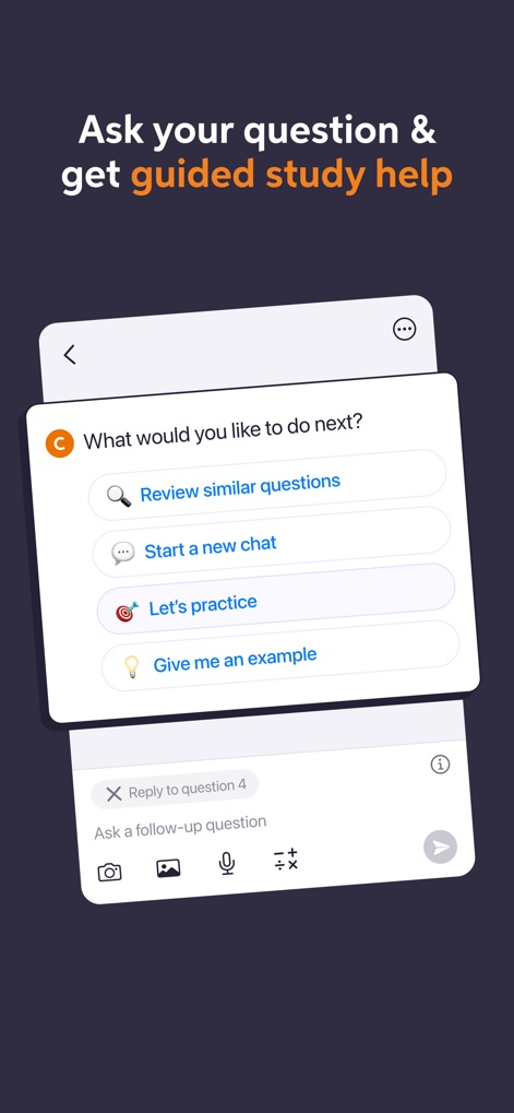 Chegg Study - Homework Help - Para assistência guiada, o aplicativo apresenta opções como "Review similar questions" e "Start a new chat", facilitando a continuação do estudo.