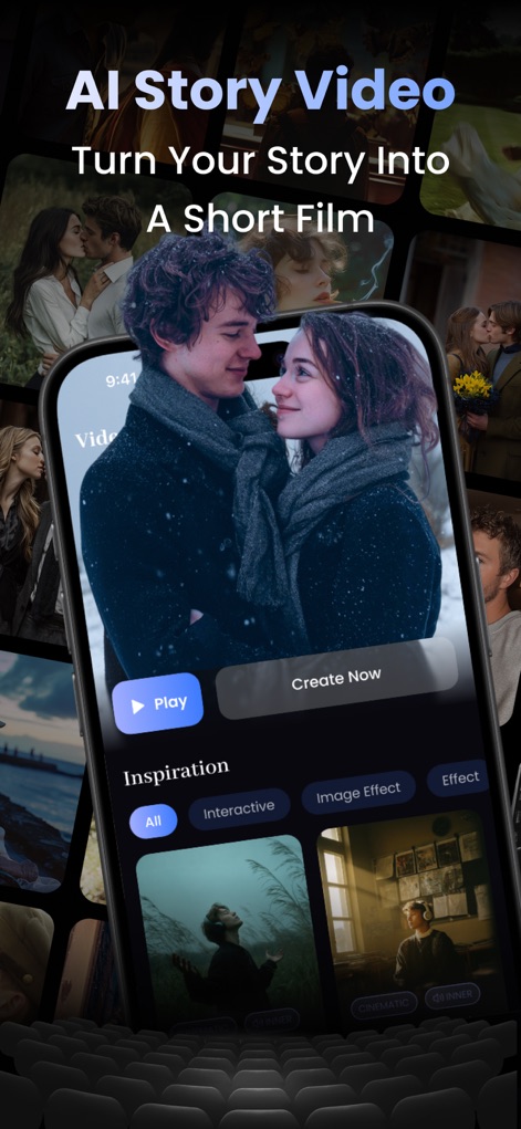 Video AI: AI Video Generator - この画面では、ユーザーがテキストやイメージからAIによって生成された感動的なショートフィルムを視聴・作成でき、多様なインスピレーションカテゴリからインタラクティブなエフェクトやイメージエフェクトを選択可能です。