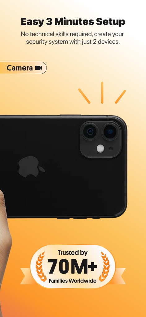 Alfred Camera: Home Security - This tool transforms an old phone into a dedicated camera unit with an "Easy 3 Minutes Setup" process, highlighted by the "Trusted by 70M+ Families Worldwide" badge.