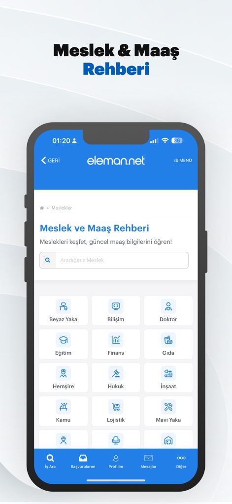 eleman.net İş İlanı Ara & Bul - The app provides a comprehensive Profession & Salary Guide, offering insights into various job categories and their associated salary expectations.