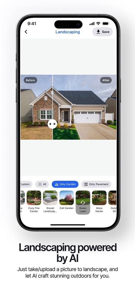 Renovate AI - Home Design - Ce module aide à concevoir des espaces extérieurs, proposant des styles variés comme le "Cali Garden" et le "Green Lawn" pour un "paysage" sur mesure.