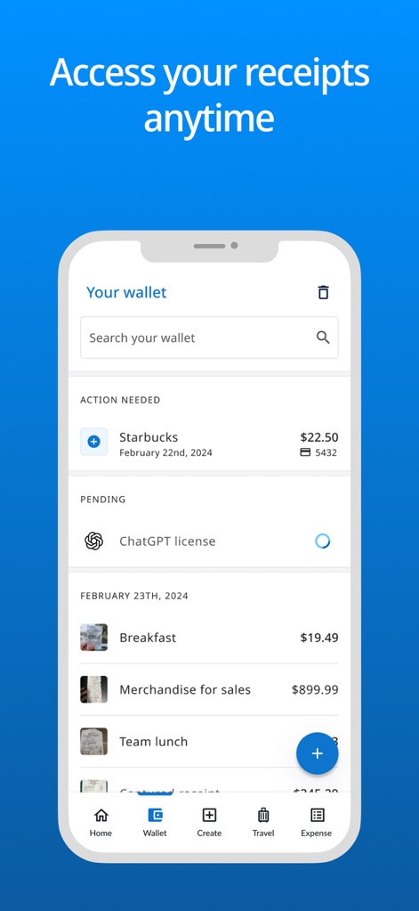 Emburse Enterprise - Explore the digital wallet feature, where users can easily access and manage all their receipts, including "Action needed" items, and browse through a chronological list of captured transactions.
