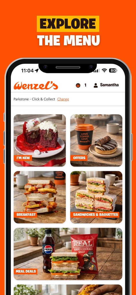 Wenzel’s Loyalty App - Users can easily 'EXPLORE THE MENU' through visually appealing category tiles, highlighting options like 'BREAKFAST' and 'SANDWICHES & BAGUETTES'.