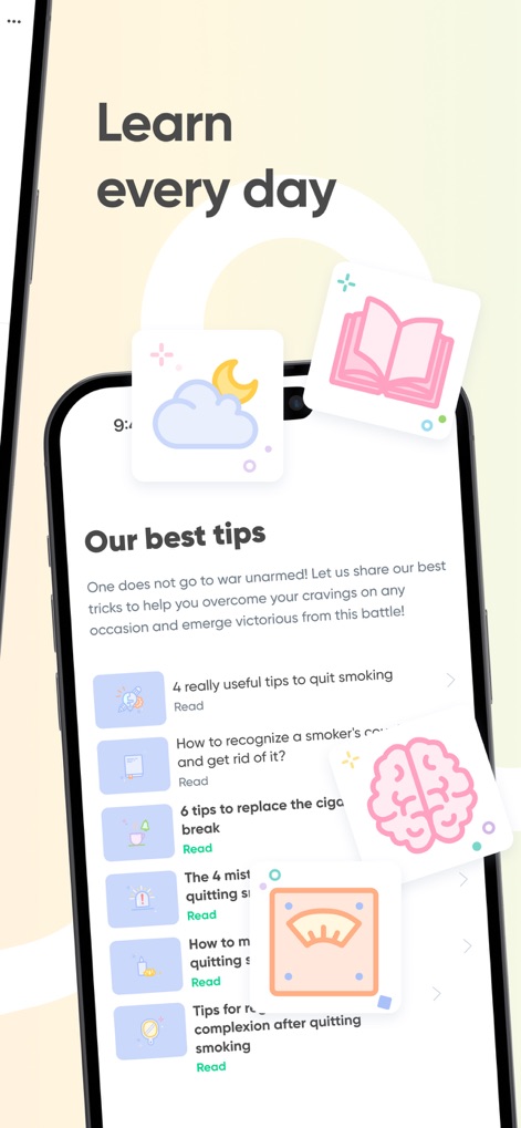 Quit smoking for good - Kwit - Los usuarios tienen acceso a contenido educativo valioso, con artículos sobre '4 really useful tips to quit smoking' y 'How to recognize a smoker's cough', presentados con iconos temáticos.