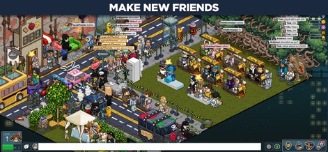 Habbo - Original Virtual World - La aplicación permite a los usuarios socializar con avatares reunidos en un entorno urbano pixelado, facilitando la interacción en tiempo real mediante burbujas de chat.