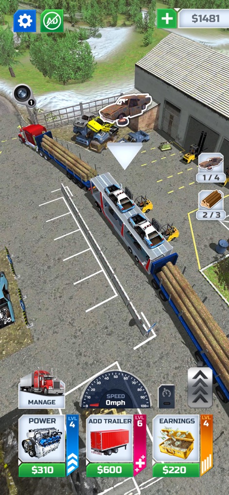 Truck Transport Simulator ! - Diese Ansicht demonstriert den Multitransport von Autos und Holzstämmen in einem industriellen Ladegebiet, was die Vielseitigkeit der Transportmöglichkeiten innerhalb der App unterstreicht.