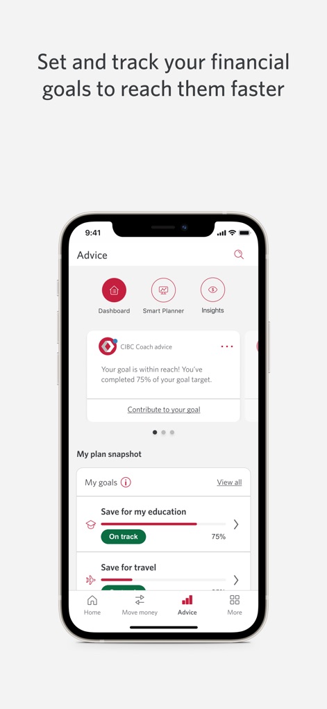 CIBC Mobile Banking - Users can visually monitor their financial progress through dedicated 'My goals' sections and receive personalized 'CIBC Coach advice' within the 'Advice' tab.