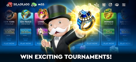 MONOPOLY Poker - Texas Holdem - La aplicación ofrece emocionantes torneos con recompensas únicas como anillos, destacando la variedad de ubicaciones temáticas de ciudades y los premios codiciados que los usuarios pueden ganar.