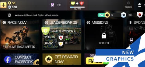 SK26: Street Kart Racing Game - La interfaz principal organiza claramente las opciones de juego, desde "Race Now" para la acción inmediata hasta "Leaderboards" para seguir el progreso, y anticipa mejoras con la etiqueta "New Graphics".