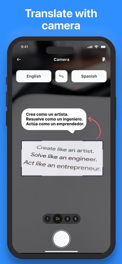 EZ Screen Translator - Discover the instant camera translation feature, allowing users to translate printed English text into Spanish with adjustable magnification settings like '2x'.