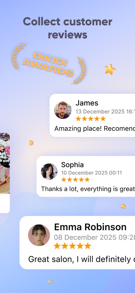 DIKIDI Appointments Scheduling - Build a strong reputation by collecting valuable customer reviews featuring star ratings and personalized feedback, highlighted by the "DIKIDI AWARDS" recognition.