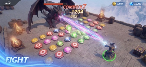 Puzzles & Conquest - Witness the app's thrilling match-3 battles featuring powerful dragon bosses and a wizard character casting abilities.