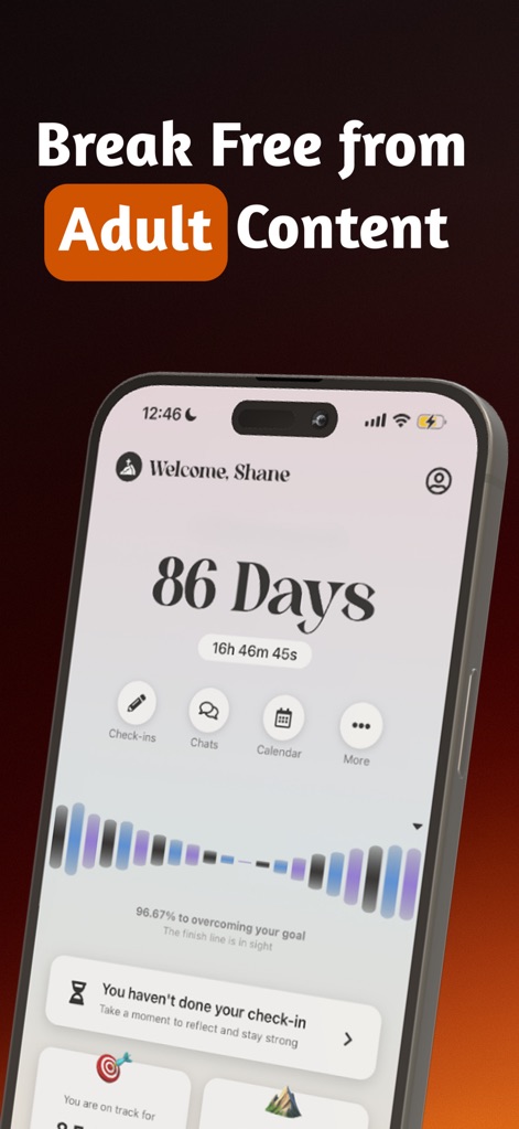 Unchaind: Overcome Lust - Nutzer sehen hier die "86 Days" der Abstinenz und die interaktiven "Check-ins", die zur Reflexion und Stärkung des Glaubens einladen.