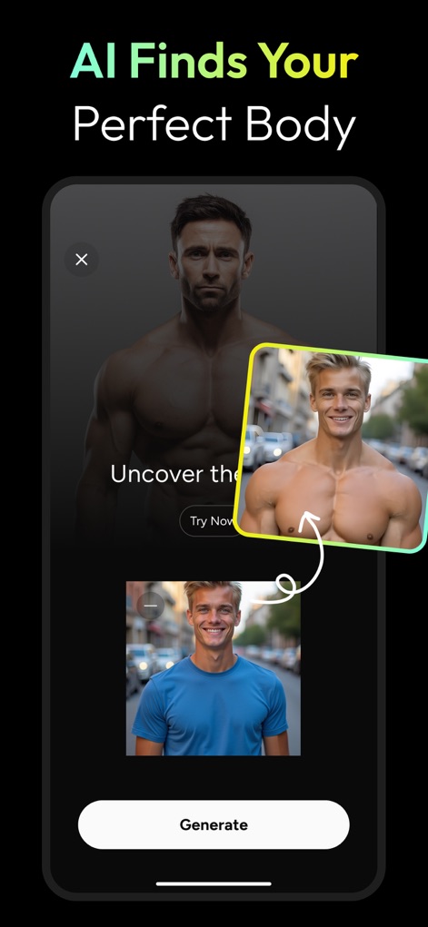 AI Photo Generator - Fotorama - Explore how this feature generates idealized body forms from user photos, presenting a clear before and after comparison.