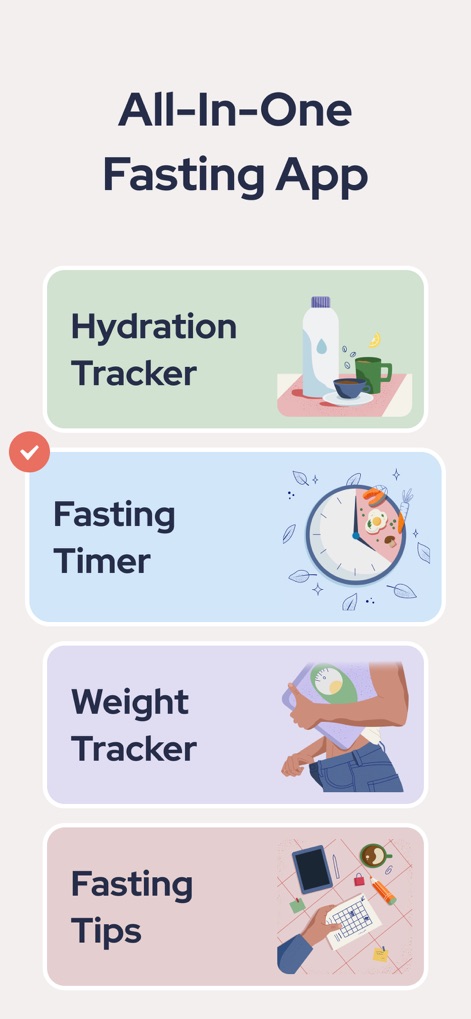FastEasy: Intermittent Fasting - 이 스크린샷은 '수분 추적기'와 '단식 타이머'를 포함한 앱의 핵심 기능을 한눈에 보여주어, 사용자가 다양한 건강 목표를 관리할 수 있도록 돕습니다.