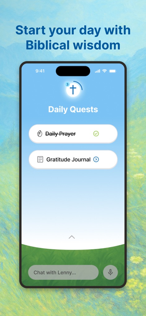 Creed: Bible Chat & Companion - This visual demonstrates the app's interactive "Daily Quests" for spiritual exercises and its integrated AI chat functionality, enabling users to engage with Lenny through text or voice.