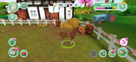 Star Stable: Horses - This screenshot highlights the rich outdoor environment, showcasing the foal in the paddock surrounded by an array of UI action icons and scenic elements like a tractor and hay bales.