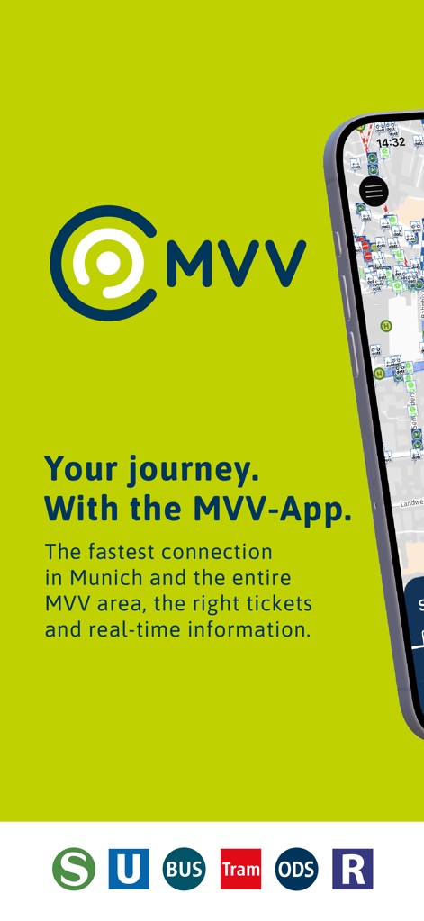 MVV-App - La pantalla principal de la aplicación exhibe el logo distintivo de MVV y un eslogan directo, comunicando la propuesta de valor de la herramienta para los viajes en la región.