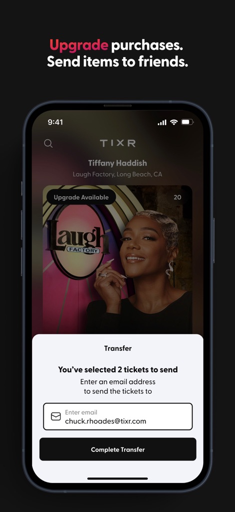 Tixr - Event Tickets - The app simplifies post-purchase actions, enabling users to effortlessly 'Transfer Tickets' to friends and view 'Upgrade Availability' for their existing purchases.