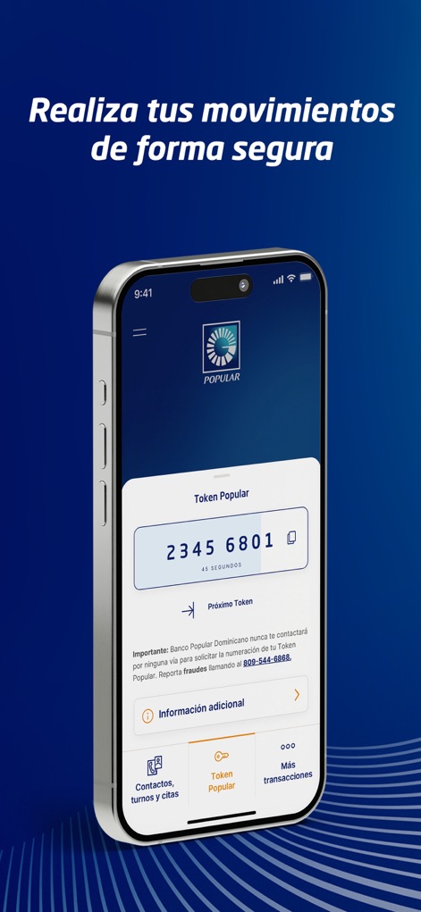 Banco Popular Dominicano - La aplicación integra un robusto sistema de token de seguridad, mostrando un código numérico y un contador de tiempo para transacciones seguras, garantizando la protección de los movimientos financieros.