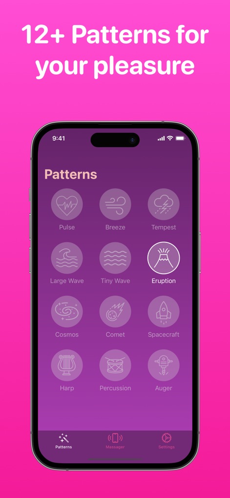 Vibrator App: Strong Massager - Explore the comprehensive 'Patterns' screen, showcasing over 12 distinct vibration patterns like 'Pulse' and 'Eruption,' offering users a wide array of sensory experiences.