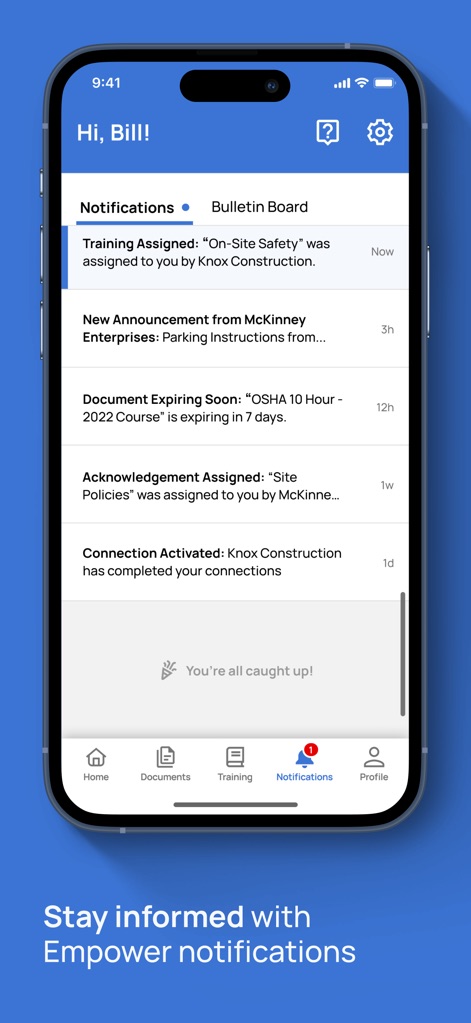 Empower, by ISN - The app delivers 'Notifications' for critical updates such as 'Training Assigned' and 'New Announcements', ensuring users remain informed with a clear badge indicator.