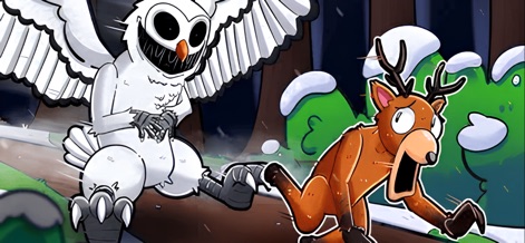 99 Nights in the Forest Horror - Esta ilustración vibrante muestra una intensa persecución entre un búho amenazante y el asustado ciervo, utilizando un estilo artístico distintivo y detalles del entorno invernal.