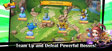 Bomb Me English - Spieler können in dieser Ansicht verschiedene Herausforderungen wie den "Brave Forest" annehmen und sich im Team mächtigen Bossen stellen, dargestellt durch die "Challenge"-Buttons.