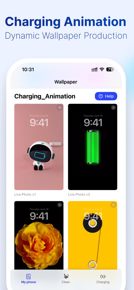 CleanSweep Go: Phone Booster - La galería exhibe múltiples miniaturas de 'Charging Animation', permitiendo a los usuarios elegir entre una variedad de efectos visuales como el robot y la batería.