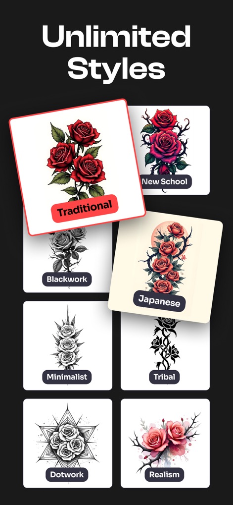 Tattooist: AI Tattoo Generator - Die App präsentiert eine beeindruckende Vielfalt an Stilkarten, die von traditionellen Rosenmotiven bis hin zu modernen Dotwork-Designs reichen, um jede Präferenz zu bedienen.