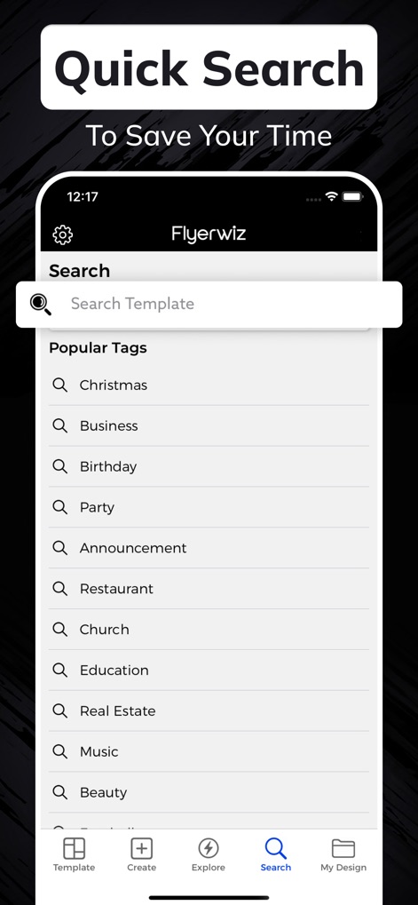Flyer Maker + Poster Maker - La funcionalidad de búsqueda rápida se muestra con una barra de texto y 'Popular Tags' como 'Business' y 'Party', facilitando a los usuarios localizar plantillas específicas para sus proyectos.