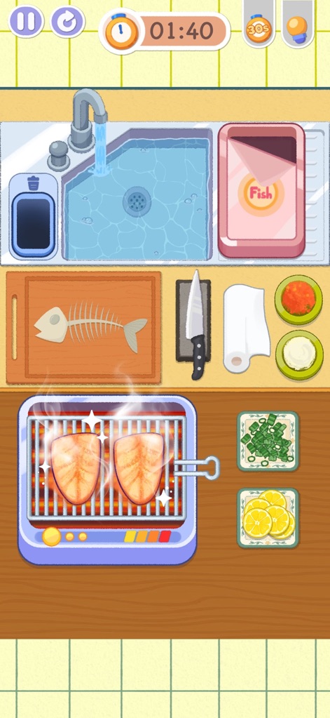 Tidy Up - Satisfeel ASMR - The app showcases a satisfying grilling station and a kitchen sink full of water for immersive cleaning tasks.