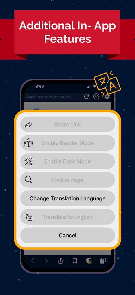VPN UK - Free VPN and Browser - Die Abbildung präsentiert die zusätzlichen In-App-Funktionen des Browsers, darunter den Reader Mode für eine ablenkungsfreie Leseerfahrung und die Option zur sofortigen Seitenübersetzung.