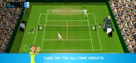 Stick Tennis - This scene illustrates players engaging in competitive rallies on a lush green court, emphasizing the opportunity to challenge all-time great opponents and track individual progress.