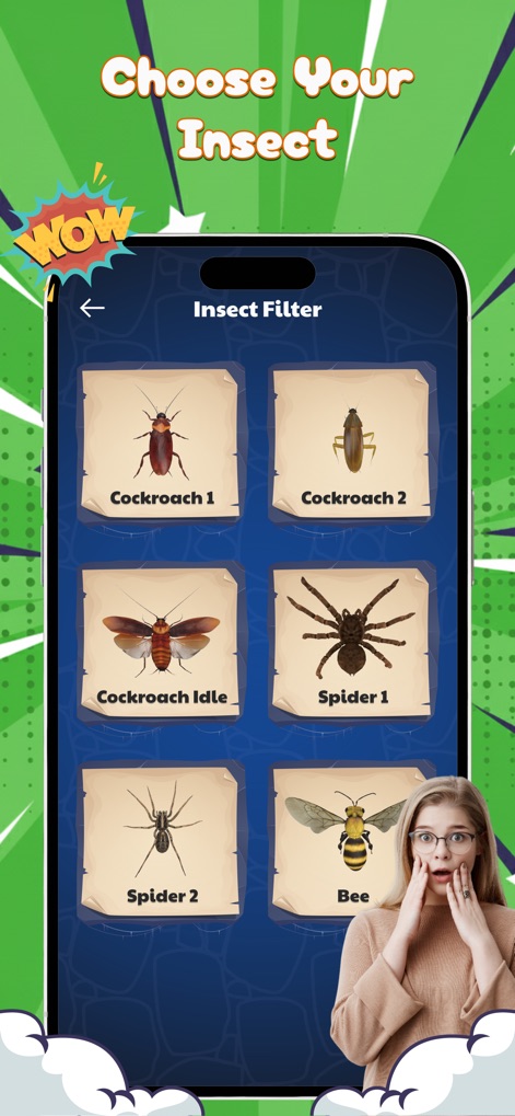 Insect & Bug: Funny Filters - Discover the extensive range of realistic insect filters available, showcasing specific options like cockroaches and spiders within a clear and intuitive selection grid.