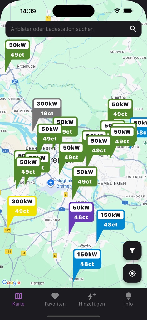 Ad-Hoc Map - The app displays available charging stations with immediate details on their power capacity (kW) and current ad-hoc pricing (ct).