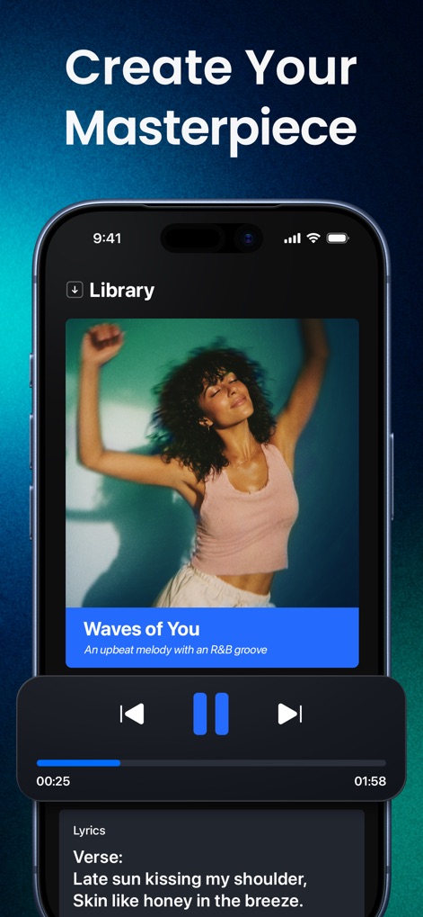 AI Music, Song Generator・Shoom - 생성된 AI 곡들은 라이브러리에 저장되며, 'Waves of You'와 같은 곡의 앨범 아트를 볼 수 있고 재생 컨트롤과 함께 가사를 확인할 수 있습니다.