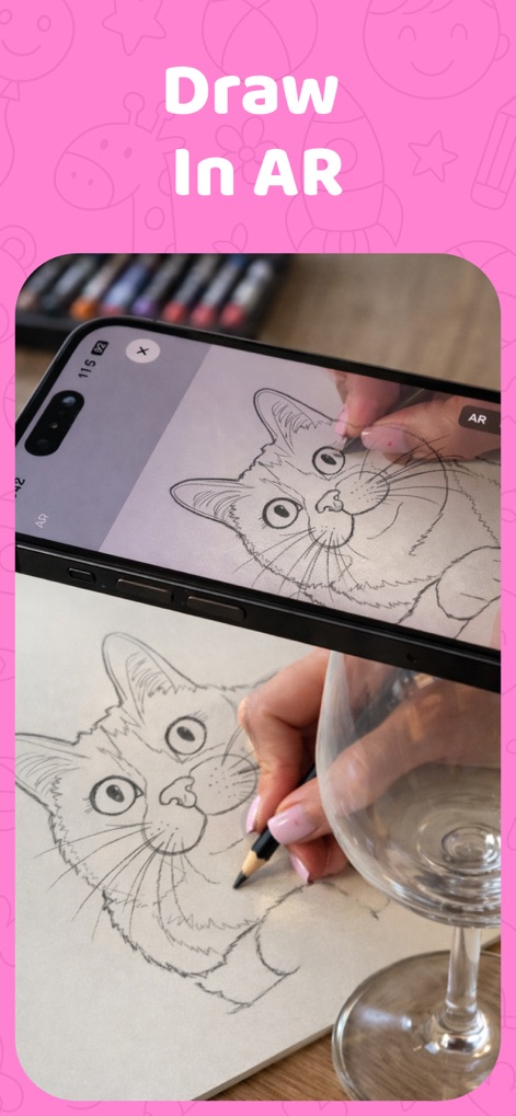 Sketchfy: Coloring Book Maker - Hier wird die Augmented Reality (AR)-Funktion präsentiert, die Nutzern ermöglicht, eine Vorlage wie das Katzenmotiv auf eine physische Oberfläche zu projizieren und diese direkt abzupausen.