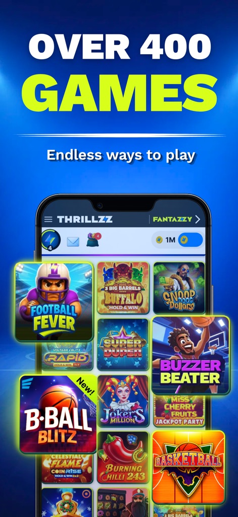 Thrillzz Fun Social Sportsbook - Über 400 Spiele stehen zur Auswahl, dargestellt durch eine beeindruckende Sammlung von Mini-Games wie "Football Fever" und "B-Ball Blitz", die endlose Unterhaltung bieten.