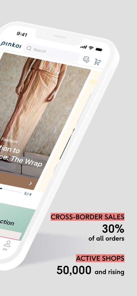 Pinkoi - This tool highlights impressive growth metrics, displaying "CROSS-BORDER SALES 30% of all orders" and an expanding network of "ACTIVE SHOPS 50,000 and rising."