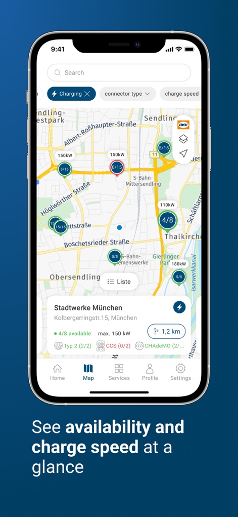 DKV Mobility - Esta vista del mapa permite a los usuarios verificar la disponibilidad y velocidad de carga, mostrando filtros específicos como el "connector type" y detallando la potencia máxima de 150 kW para las estaciones.